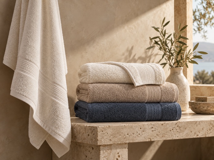 Ivory, sand and slate-blue terry towels on a travertine bathroom bench.